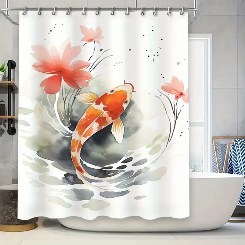 Tenda da bagno per pesci contemporanea ad acquerello Pannello doccia decorativo floreale rosa per rimodellamento del bagno