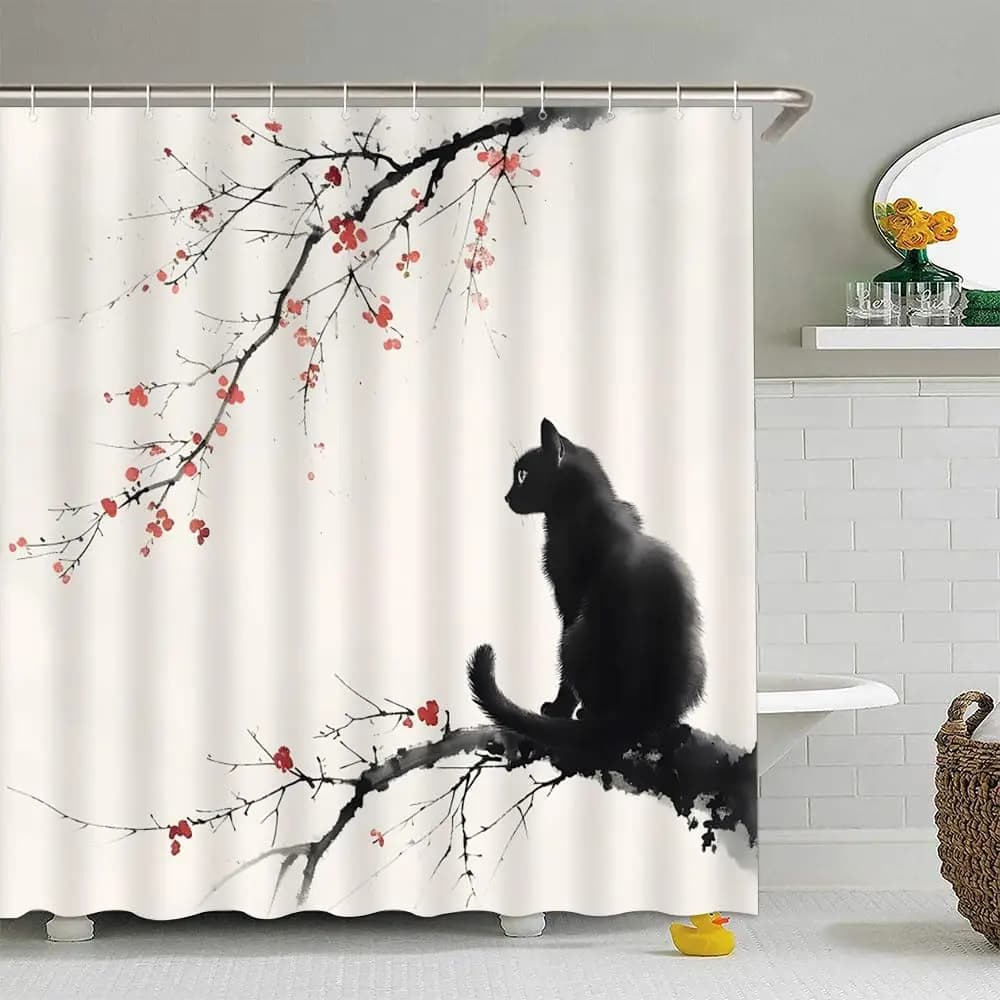 Tenda da doccia per gatti asiatici Inchiostro giapponese Fiore di ciliegio rosso Pittura a pennello cinese Amante tradizionale del gattino orientale Gatti neri Uccello