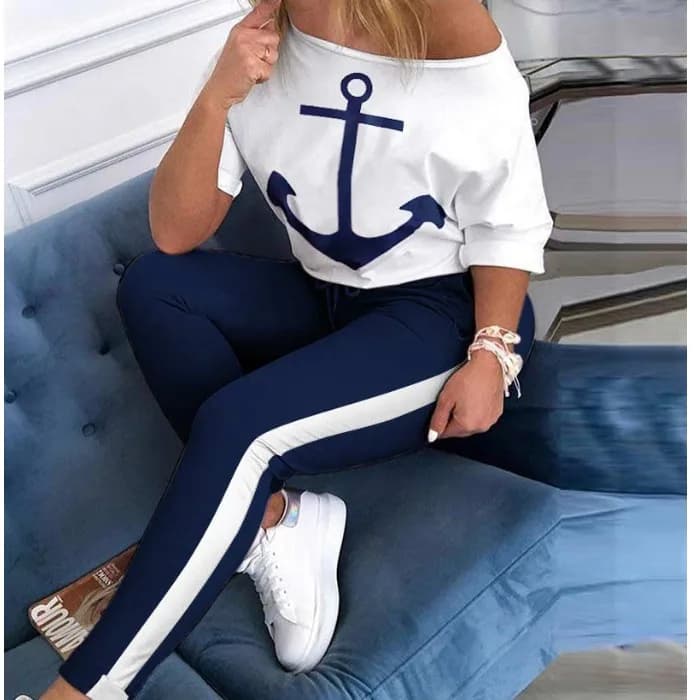 Spring Summer New Anchor Print round Neck Short Sleeve T-Shirt And Long Pants Two Piece Set Morning Exercise Casual Sportswear