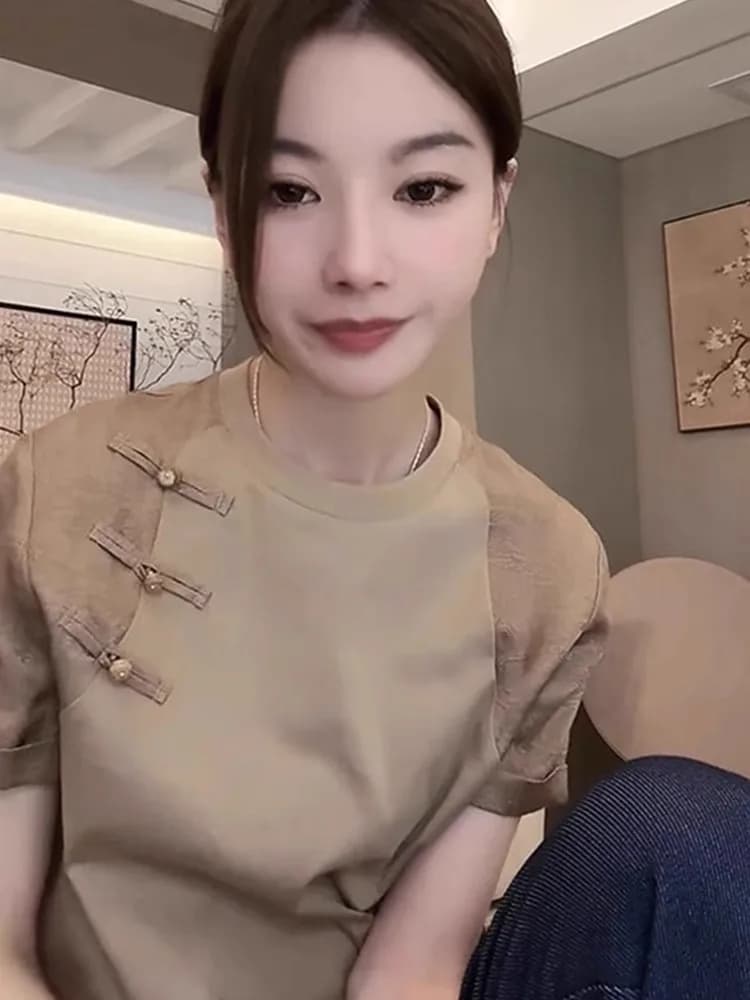 Retro Button Short Sleeve T-Shirt Comfortable Traditional Chinese Style Fashionable Ageless Top Trendy National Style Base Shirt