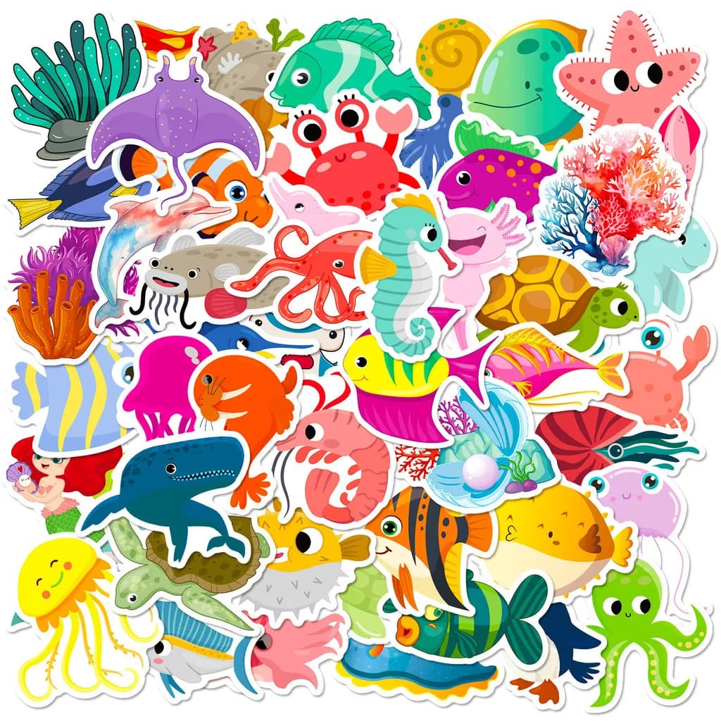 50 Adesivi con Animali Marini - Simpatici Decalcomani a Tema Delfino e Squalo per Giocattoli, Decorazioni per Quaderni a Tema Acquario, Negozio AnimeWorlds