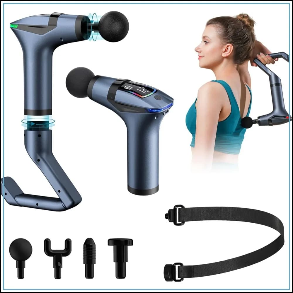 Extended Reach Massage Gun for Back Relief – Deep Tissue Percussion Massager with Handle & Belt, 12 Speeds & 4 Heads