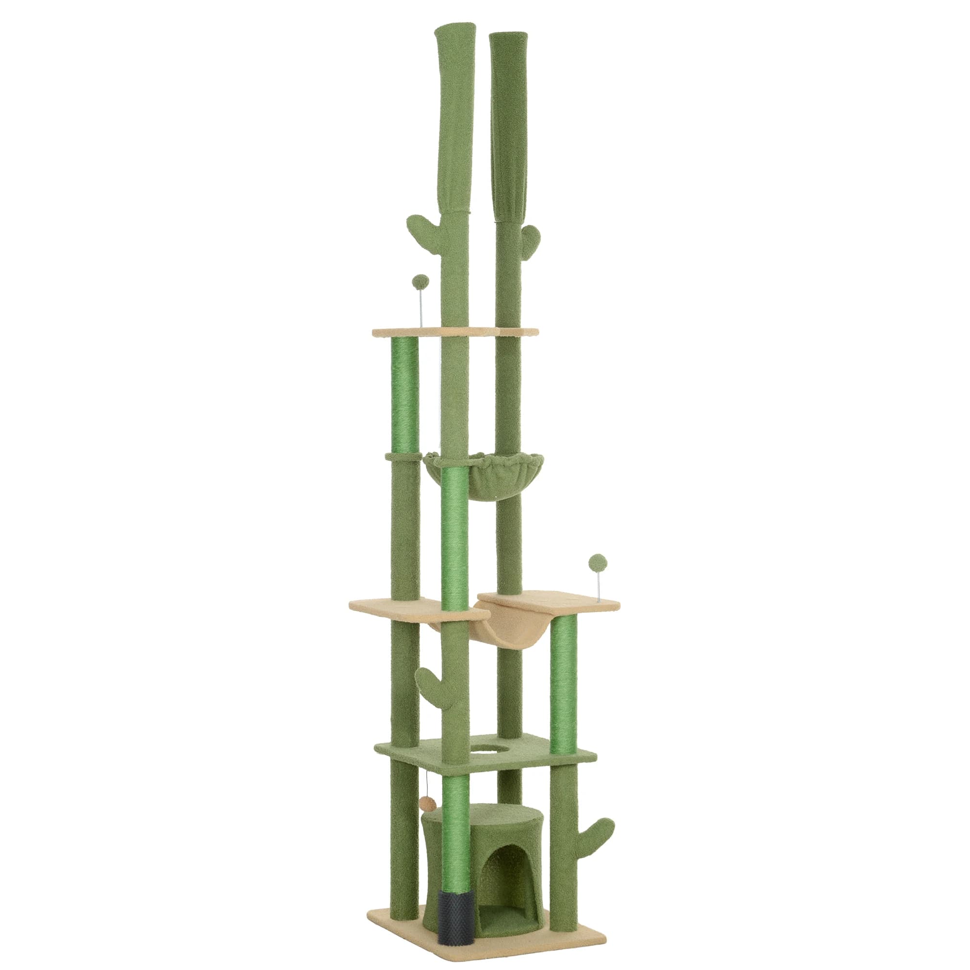 Albero per gatti regolabile da pavimento a soffitto 225-255 cm, torre alta per gatti da interno con posti per grattare, verde