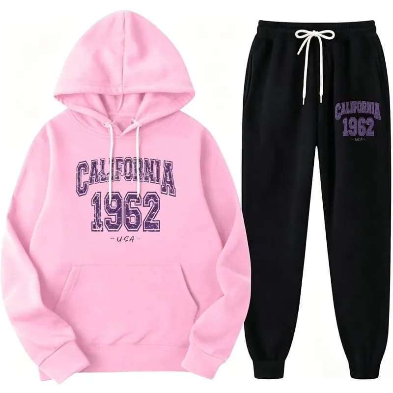 California 1962 Vintage Style Hooded Sweatshirt Set, Trendy Men's and Women's Pullover Hoodie, Sports Pants Casual Set