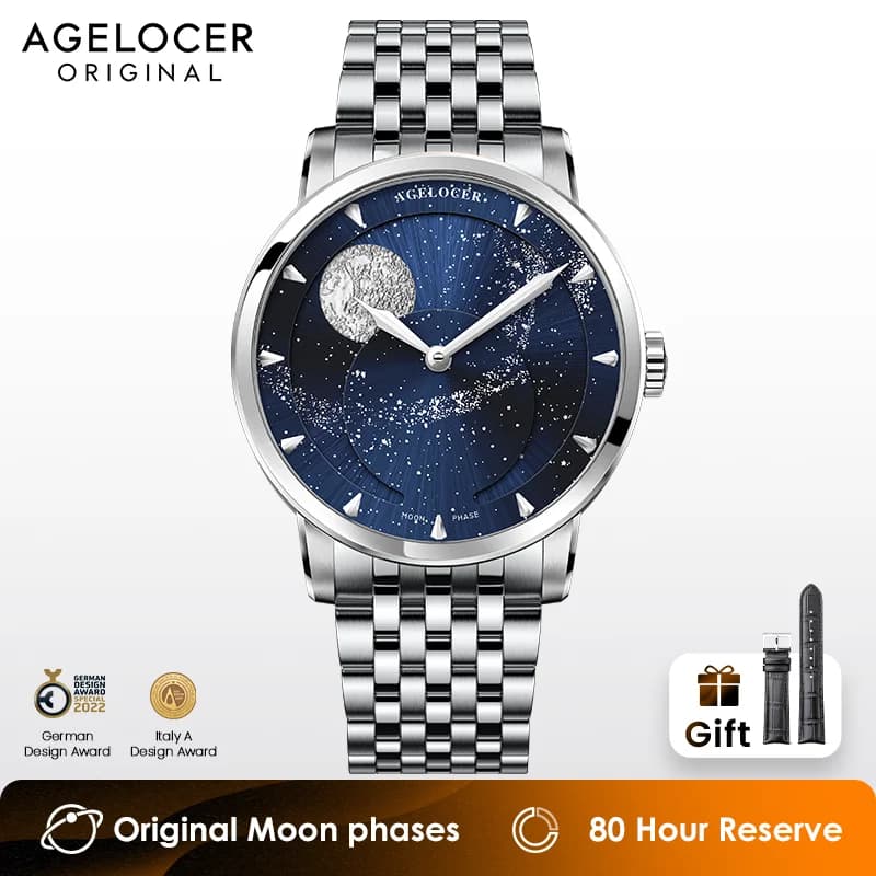 AGELOCER Original Astronomer Watch Steel Strap Men's Luxury Automatic Mechanical Moon Phase Watch Birthday Gift for Men