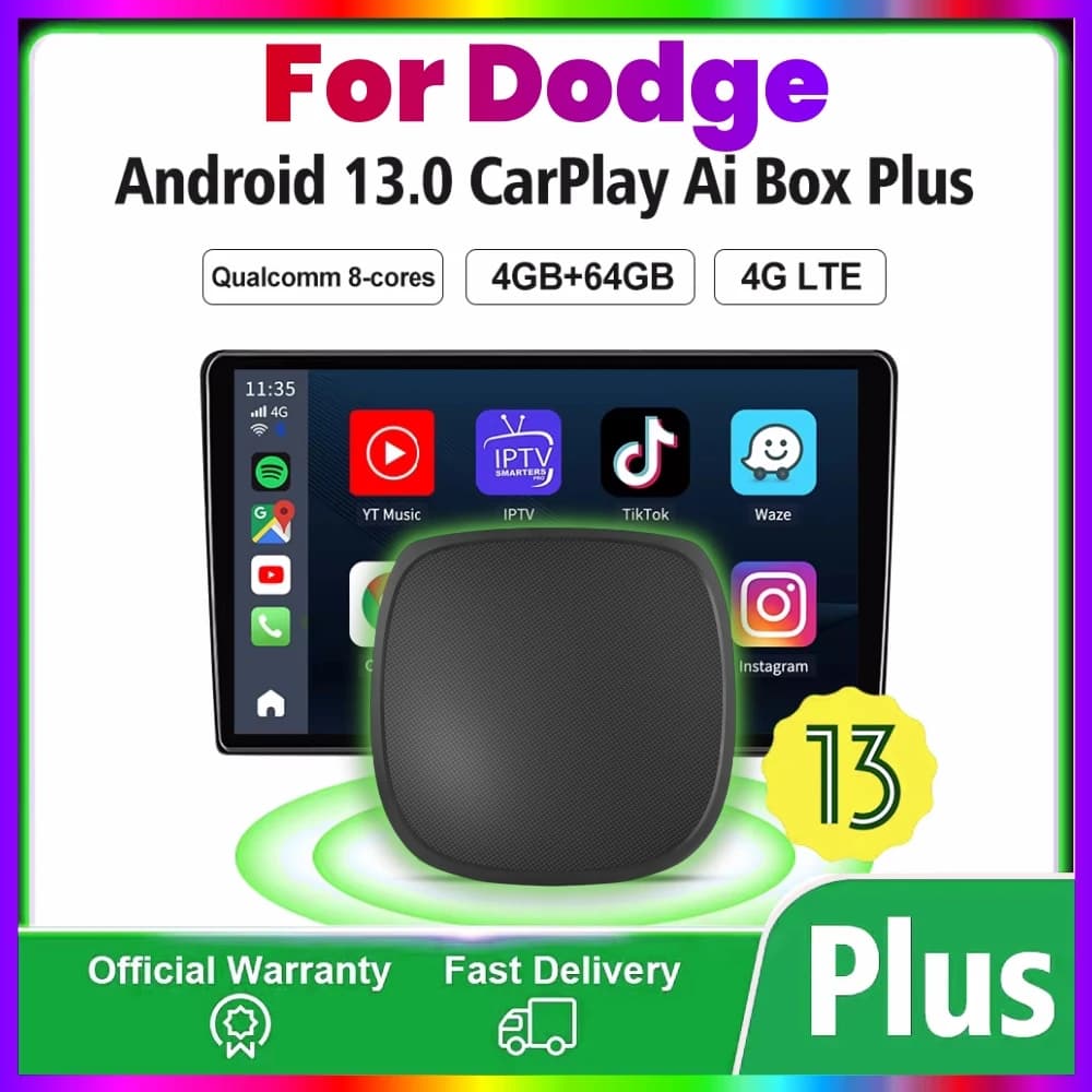 Android 13 CarPlay Ai Box 4G + 64G 4glte Wireless Android Auto per YouTube Netflix per Dodge Ram 1500 2500 caricabatterie Hornet Durang