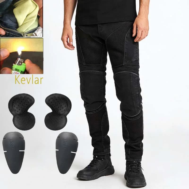 Jeans da Moto Estivi per Uomo in Kevlar, Resistenti all'Abrasione, Traspiranti, Pantaloni Protettivi Durevoli per Motociclismo, Neri