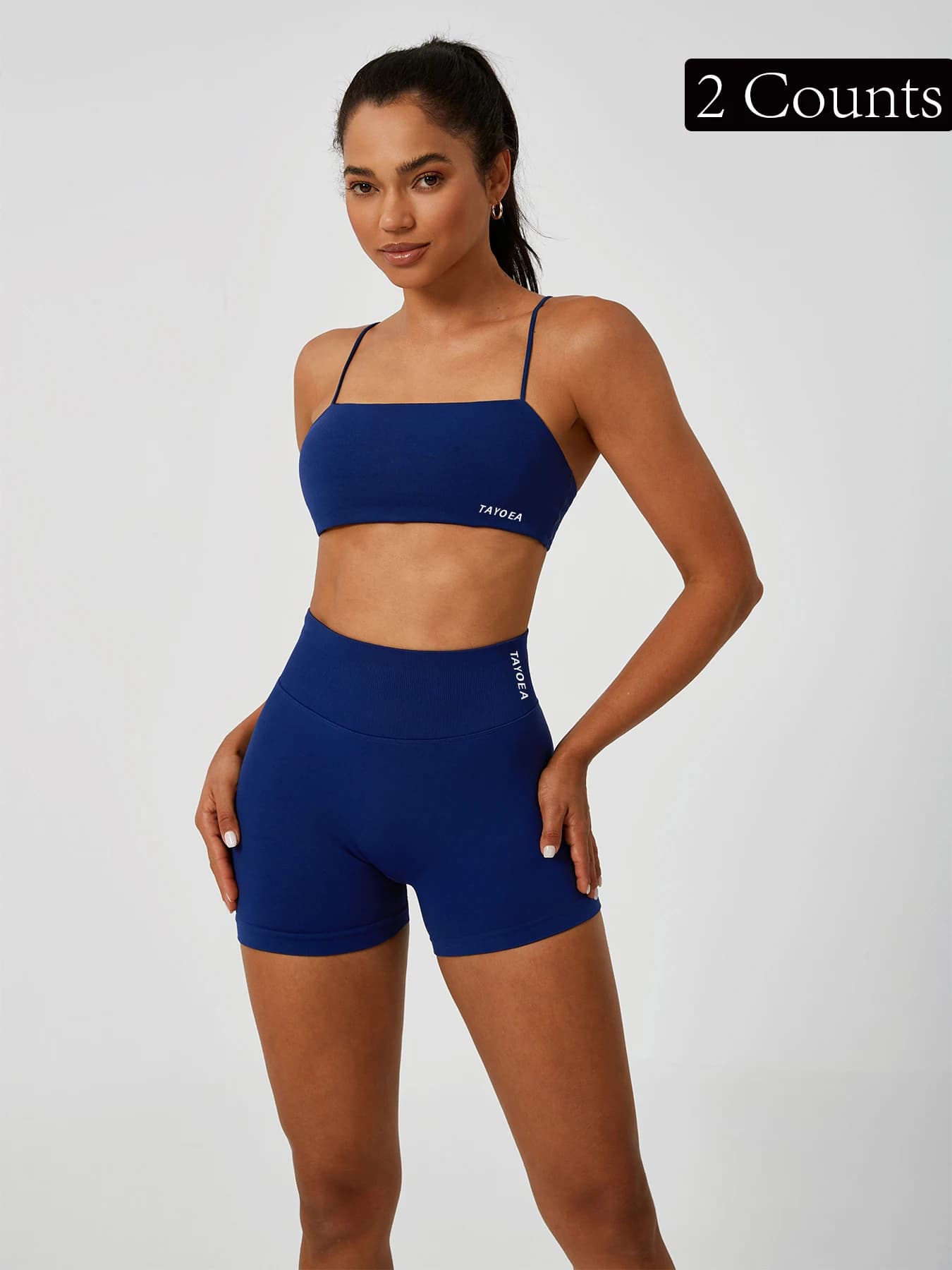 Women's set in 2 pieces TAYOEA: bra with thin shoulder straps + high waist shorts, elasticized seamless, breathable quick drying, modelling fit and push-up, for yoga, gym, running, pilates