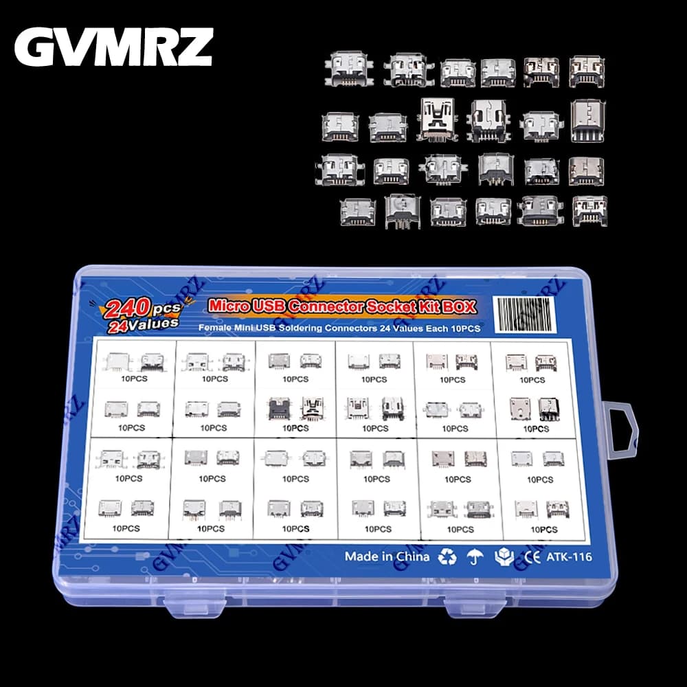 240 Pz/scatola Kit Connettore Micro USB 24 Modelli Femmina Mini Usb Connettori di Saldatura Fai Da Te Per MP3/4/5 Samsung Huawei SMD DIP