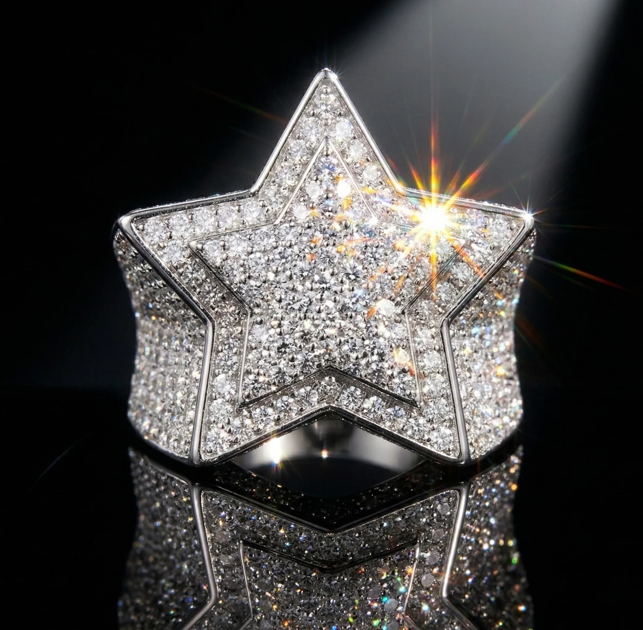 Five-Pointed Star Moissanite Ring, 925 Silver, D Color VVS1, Heavy Full Pave, Men's Street Style Rap, w/ Cert