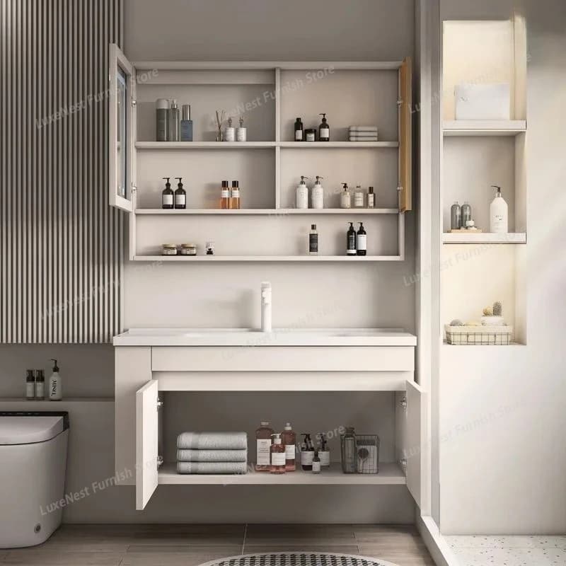 Mobiletto da Bagno Compatto a Parete con Specchio Intelligente, Lavabo Integrato in Ceramica, Organizer per Bagno, Arredo per Hotel