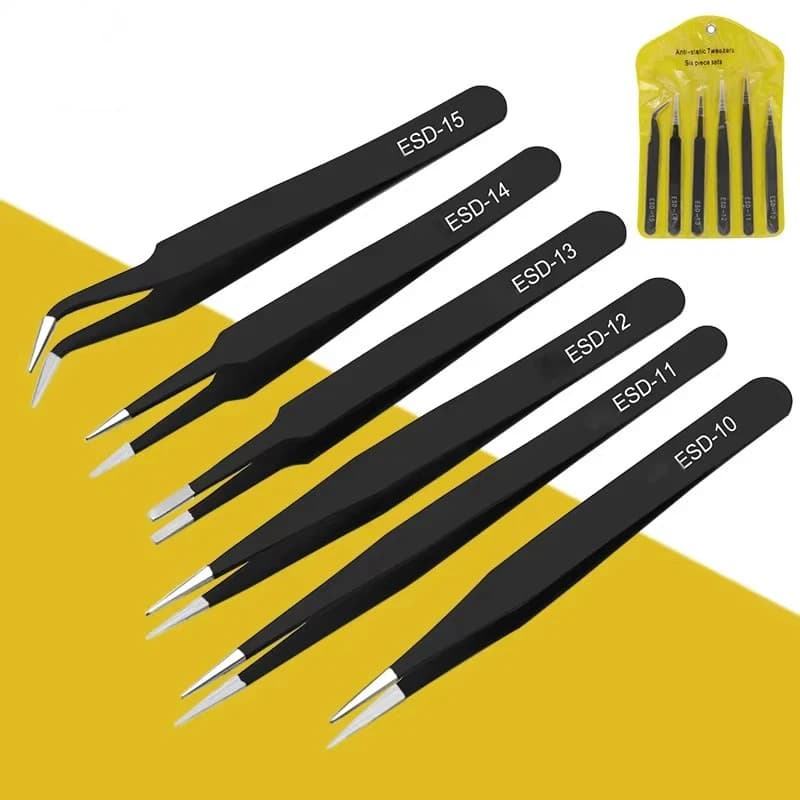 Set di 6 pinzette antistatiche in acciaio inossidabile, set di strumenti per riparazioni, set di utensili manuali antistatici per la creazione di modelli