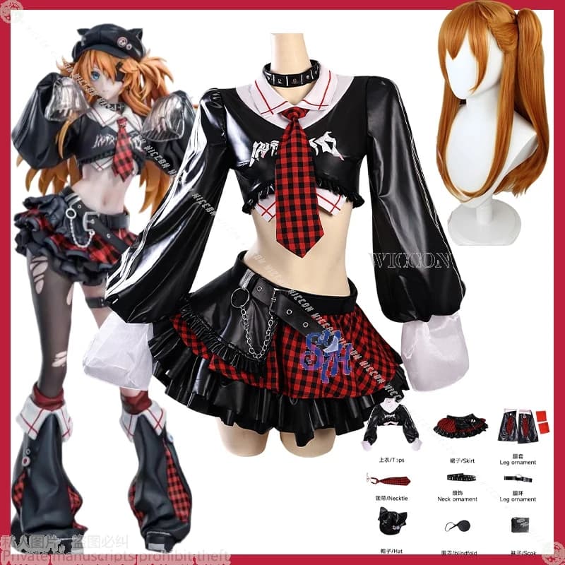 Asuaka Cosplay Anime Costume Kawaii Jirai Kei Rosso Nero Plaid Pizzo Mini Torta Gonna Orecchio di Gatto Cappello Goth Lolita Halloween