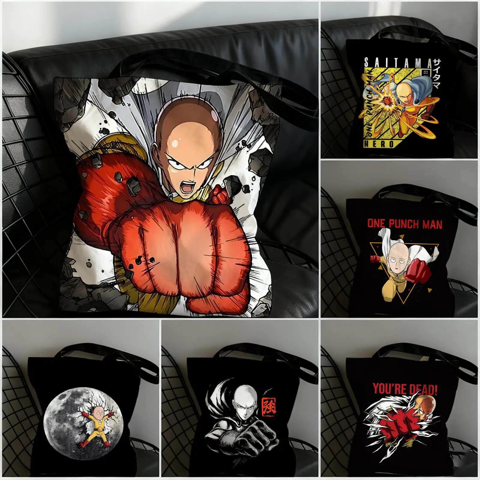 Borse portaoggetti O-One P-Punch Man, borsa da spiaggia in tela con stampa fronte-retro, borsa a tracolla resistente per shopping e uso quotidiano