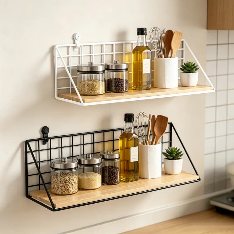 Wood Wall Mounted Shelf No-Drill – Hanging Storage Basket & Decoration Rack for Living Room Bedroom Organizers