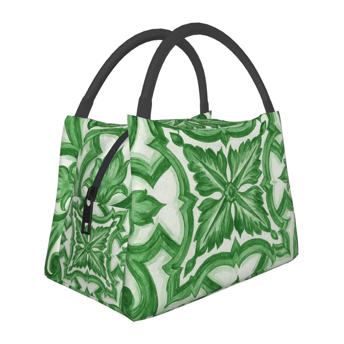Green Ornate Floral Mediterranean Sicilian Tile Lunch Bag Storage Food Boxes Container Cooler Thermal Lunch Box Tote