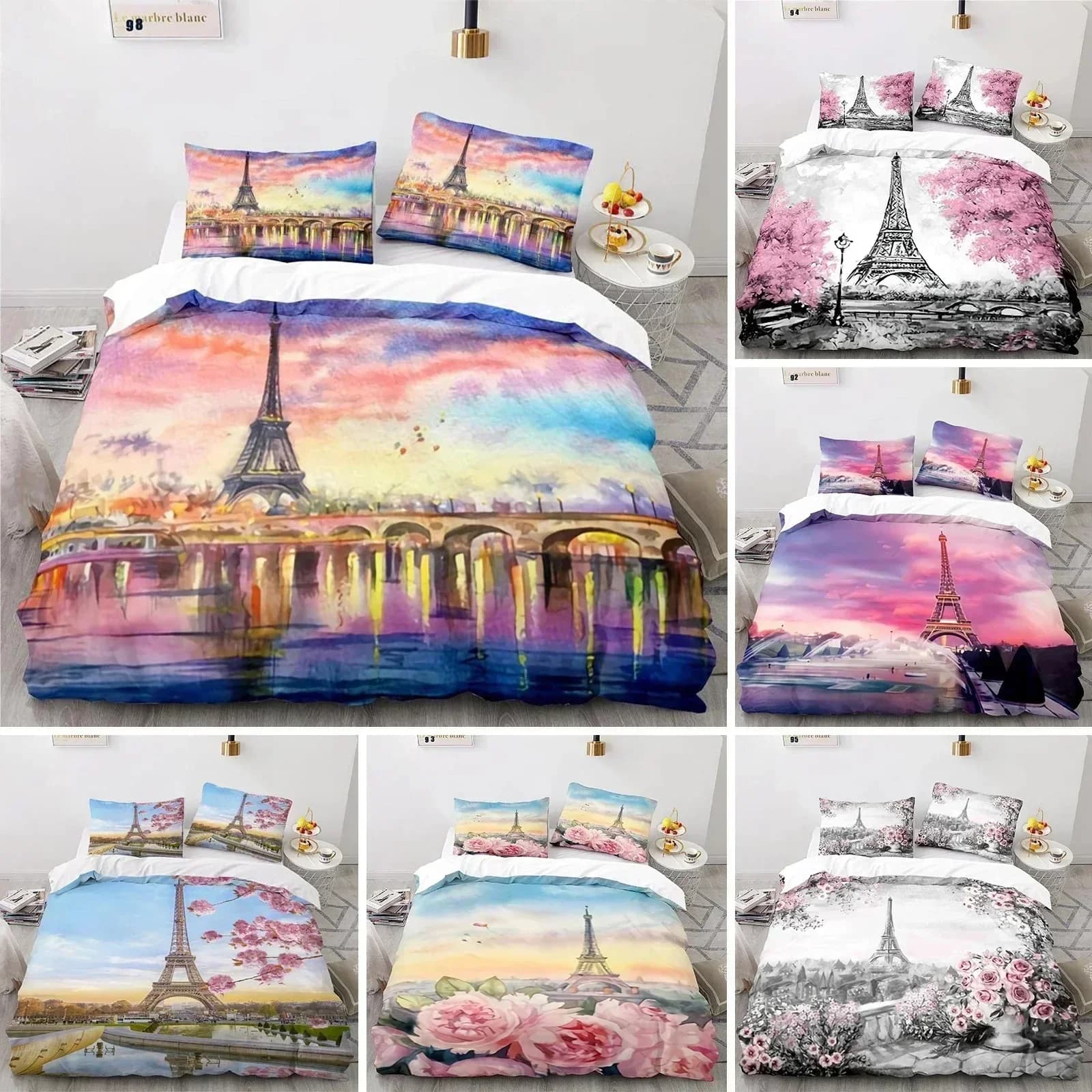 Set Copripiumino Torre Eiffel con Stampa Digitale 3D, Biancheria da Letto dal Design alla Moda, Set Completo