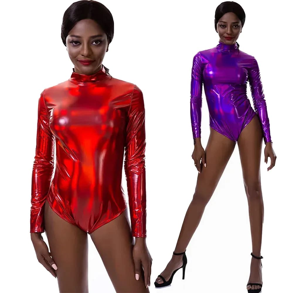 Body da donna in spandex metallizzato lucido a maniche lunghe dolcevita effetto bagnato Dancewear body con cerniera posteriore per costume da bagno per adulti che ballano