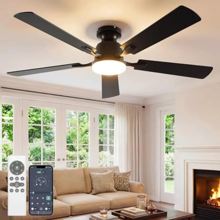 Ventilatore da Soffitto con Luci, Montaggio a Filo, Basso Profilo, Controllo Remoto e App, Luce LED Dimmerabile 22W, Silenzioso e Reversibile