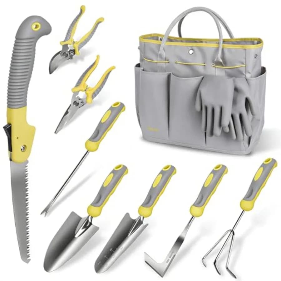 Set di Attrezzi da Giardinaggio 10 Pezzi in Acciaio Inossidabile, Kit Resistente per Scavare, Piantare e Potare con Custodia Durevole