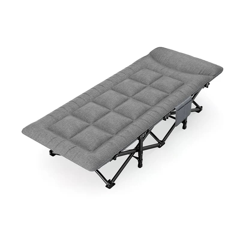 Lettino da campeggio pieghevole portatile in acciaio leggero con telaio a X a 10 gambe, solido e resistente.