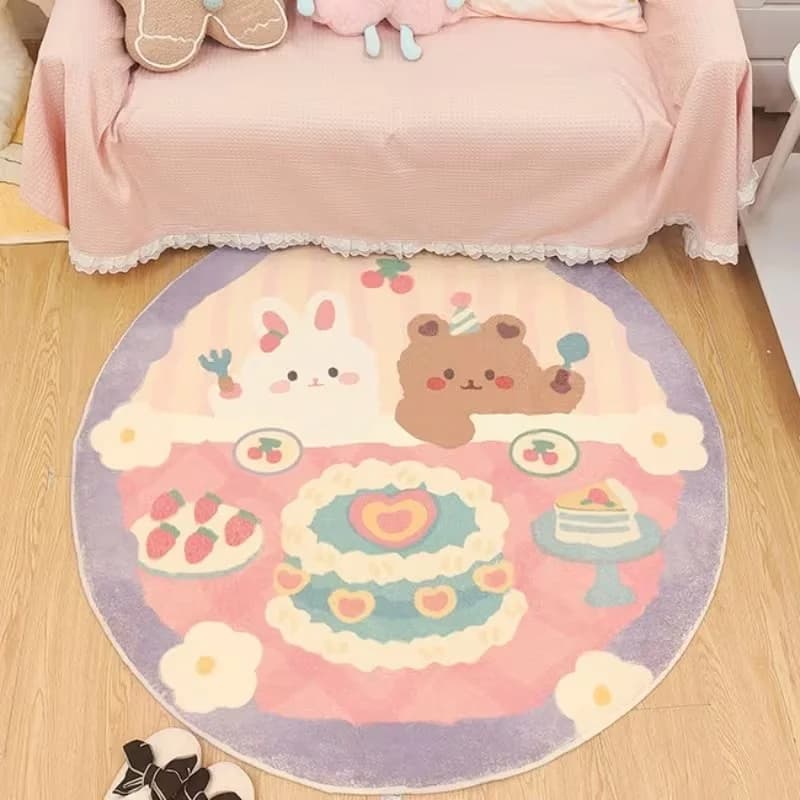 Cute Rabbit Bear Cake Print Round Rug Soft Non-Slip Carpet Kawaii Cartoon Bedroom Floor Mat Pink Purple Children's Room Decor