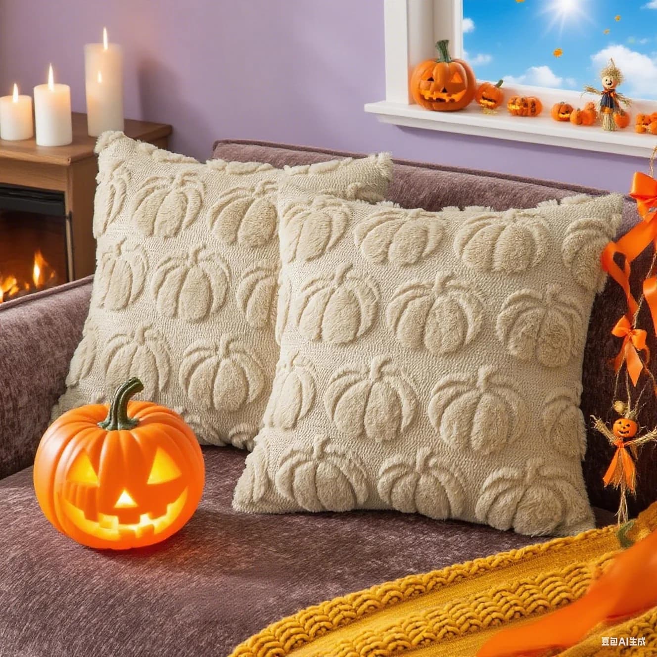 Beige Pumpkin Couch Pillow Covers Autumn Pillowcase Faux Wool Embroidery 18x18 Cushion Cover for Sofa Bed Home Decor Holiday