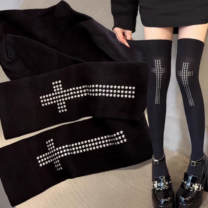 2026 Sexy Rivet Cross High-Topped Over-the-Knee Socks for Women - Black Slimming Leggings with Gothic Style