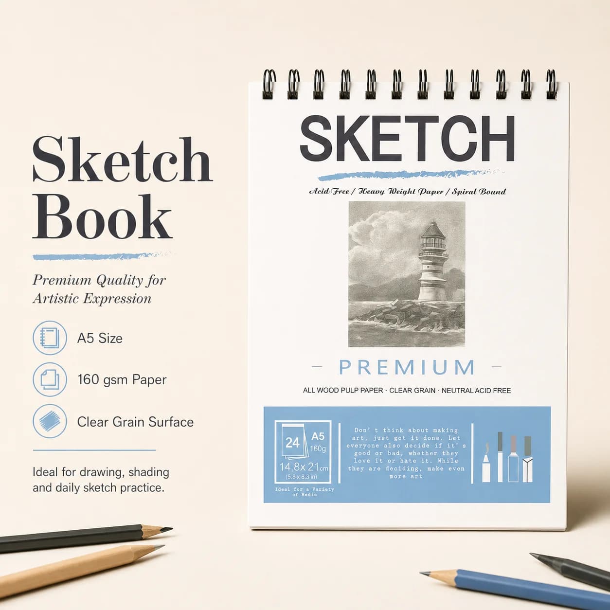 Classic Masterpiece Art Sketchbook - 160gsm Thick Paper, Acid-Free, Perfect for Watercolor, Charcoal & Pencil - Ideal Gift for Art Lovers