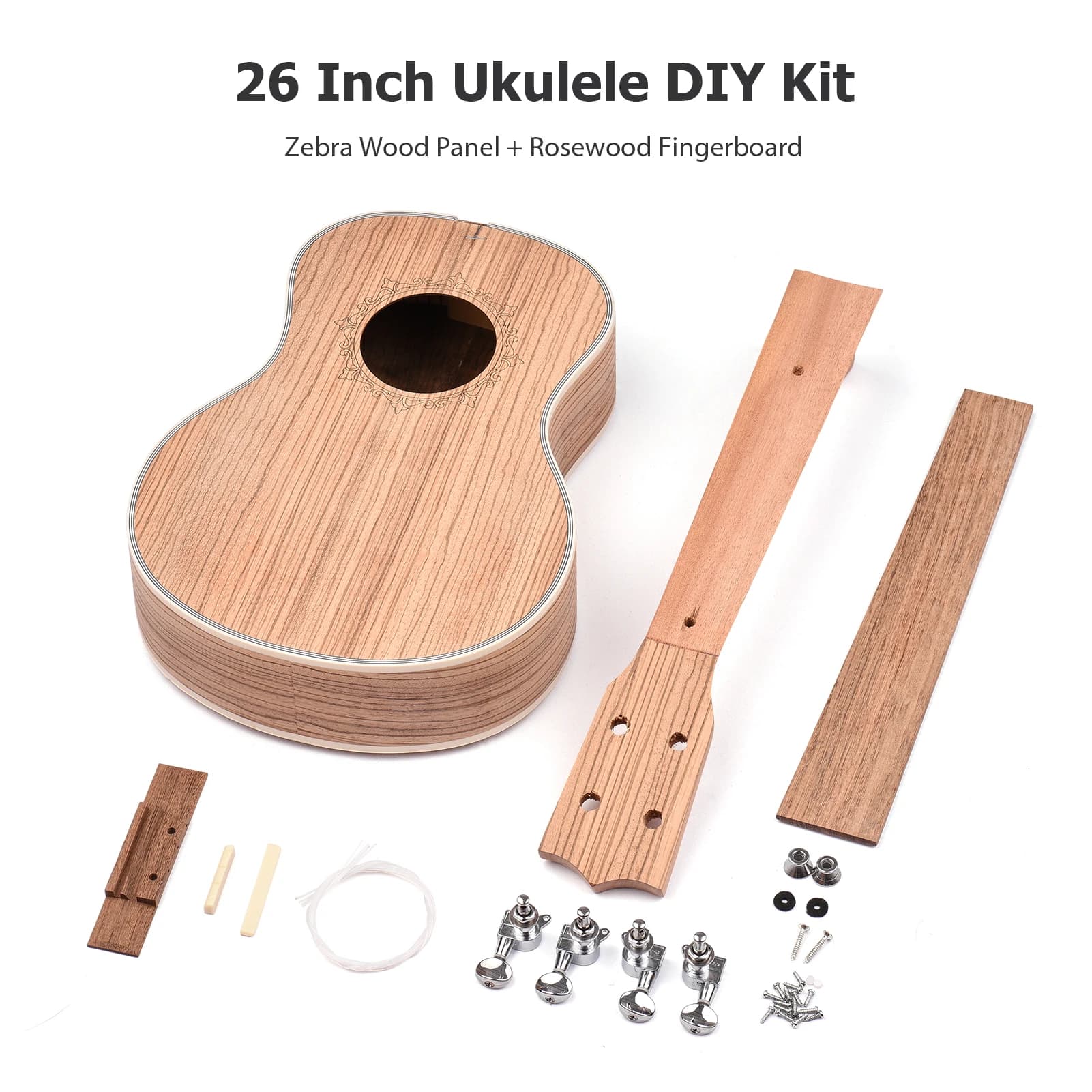 Kit Fai-da-Te per Ukulele Tenore da 26 Pollici, Set Chitarra a 4 Corde con Pannello in Legno di Zebra, Pioli, Corde, Ponte, Capotasto, Perno di Fissaggio e Viti