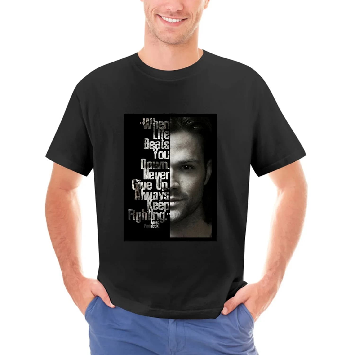 Supernatural Jared Padalecki Men Plus Size Short Sleeve T-Shirt Classic Round Neck Ultra Cotton Tee Tops Black
