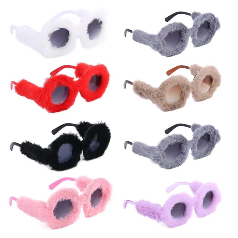 7 Colors UV400 Plush Sunglass Round Frame for Women's PC Cute Plush Suneyewear UV Resistant Sun Glasses