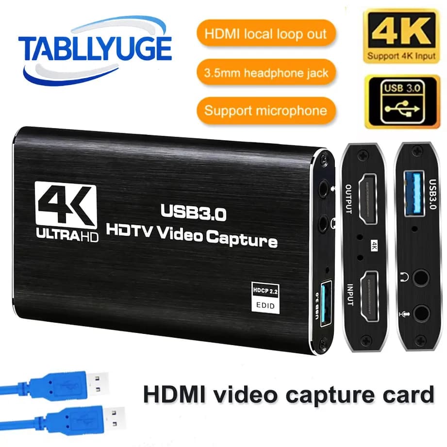 TABLLYUGE 4K USB 3.0 HDTV Video Capture Card Compatible Video Recorder HDMI Grabber for PC PS4 OBS Game Record Audio Mic