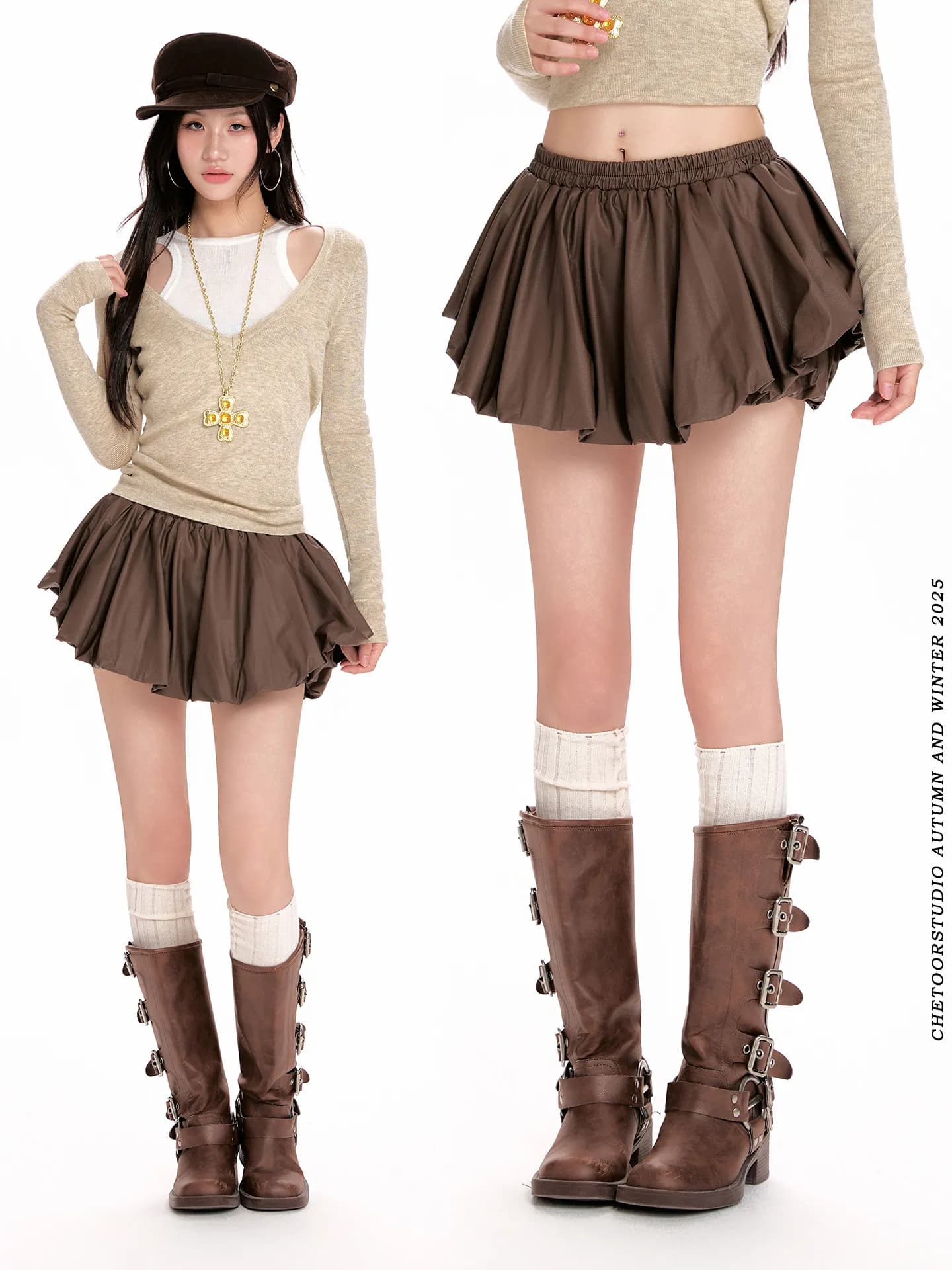plus Size Coffee PU Leather Bloom f Skirt Women's High Waist Slim A-Line ort Skirt College Sle Flir Puffy Skirt