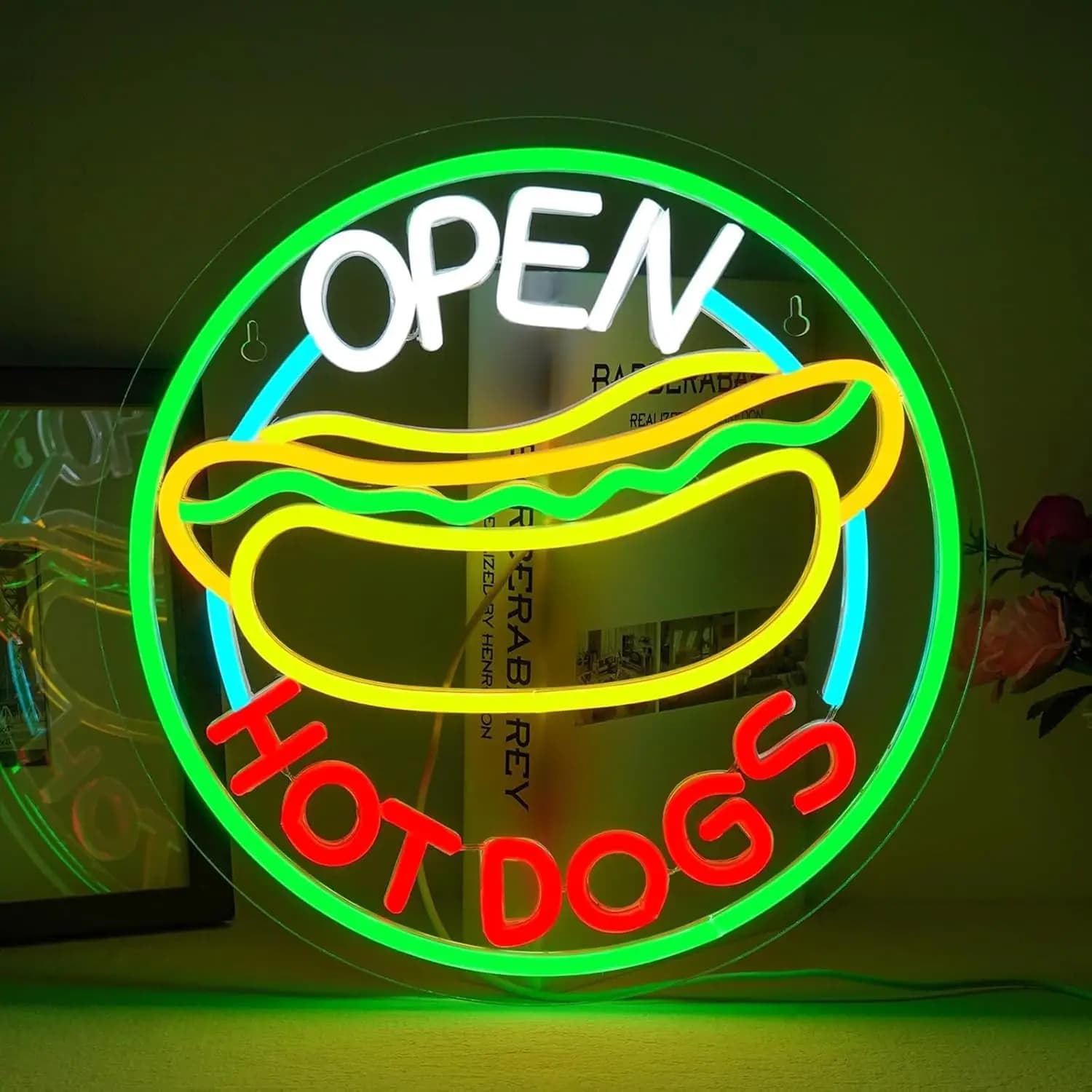 Insegne al neon Hot Dog Insegne aperte Decorazione da parete per finestra aziendale con luminosità regolabile Adatto per negozio di hot dog Caffetteria