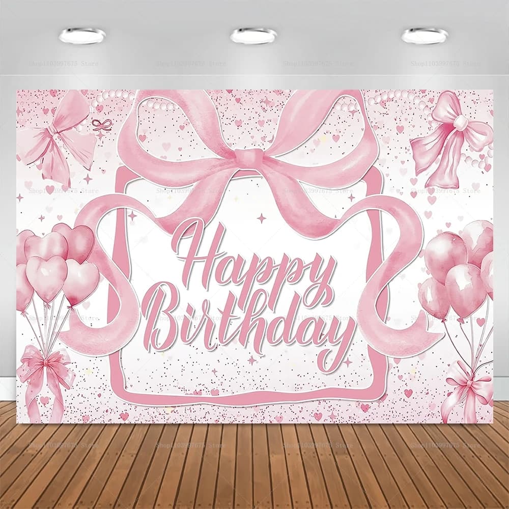 Sfondo fotografico con fiocco rosa Ragazze Buon compleanno Decor Banner Parete di casa Torta Decorazione da tavolo Sfondo Banner Forniture per feste