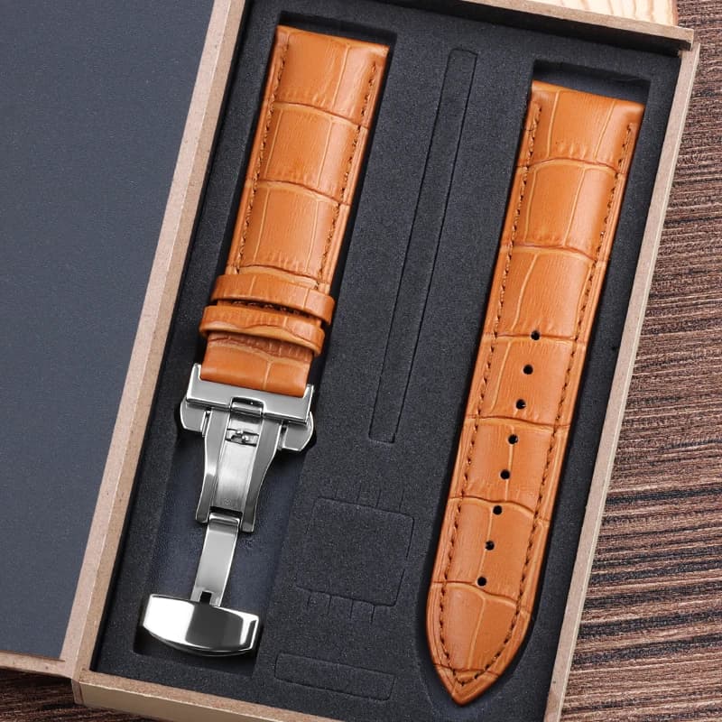 Cinturini per Orologi in Vera Pelle di Vacchetta da 20mm con Scatola, Cinturino da Polso con Chiusura a Farfalla, Bracciale per Orologio