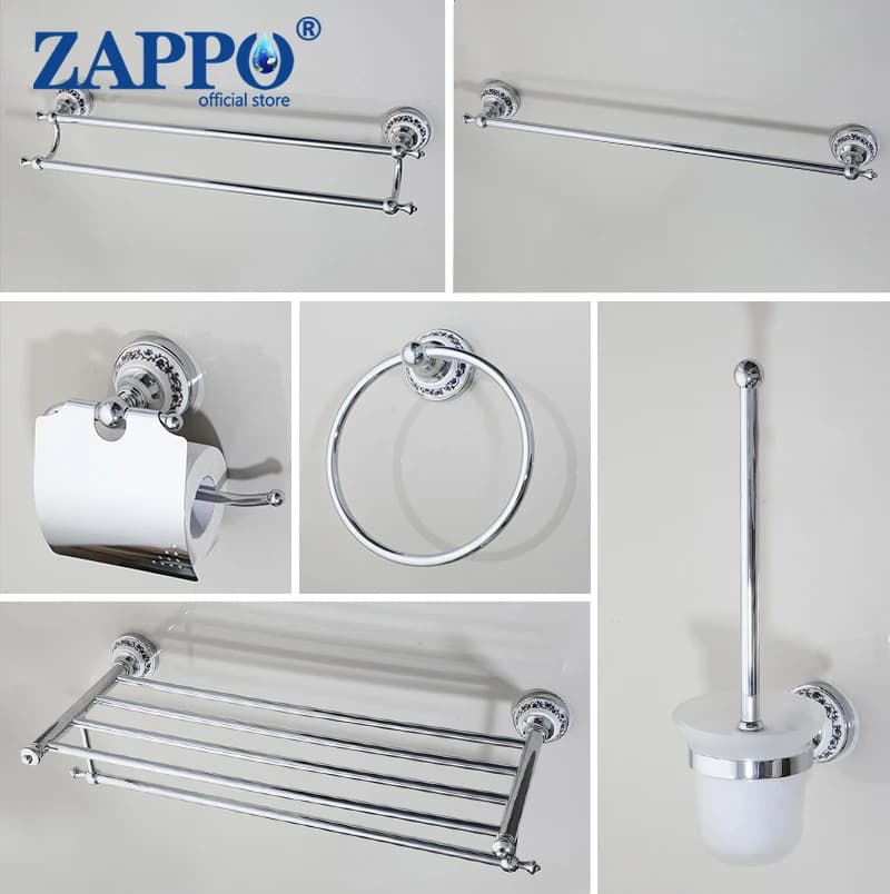 ZAPPO Set di accessori per il bagno cromato, kit di accessori da 6 pezzi, portasciugamani, porta carta igienica, organizer da bagno in acciaio inossidabile