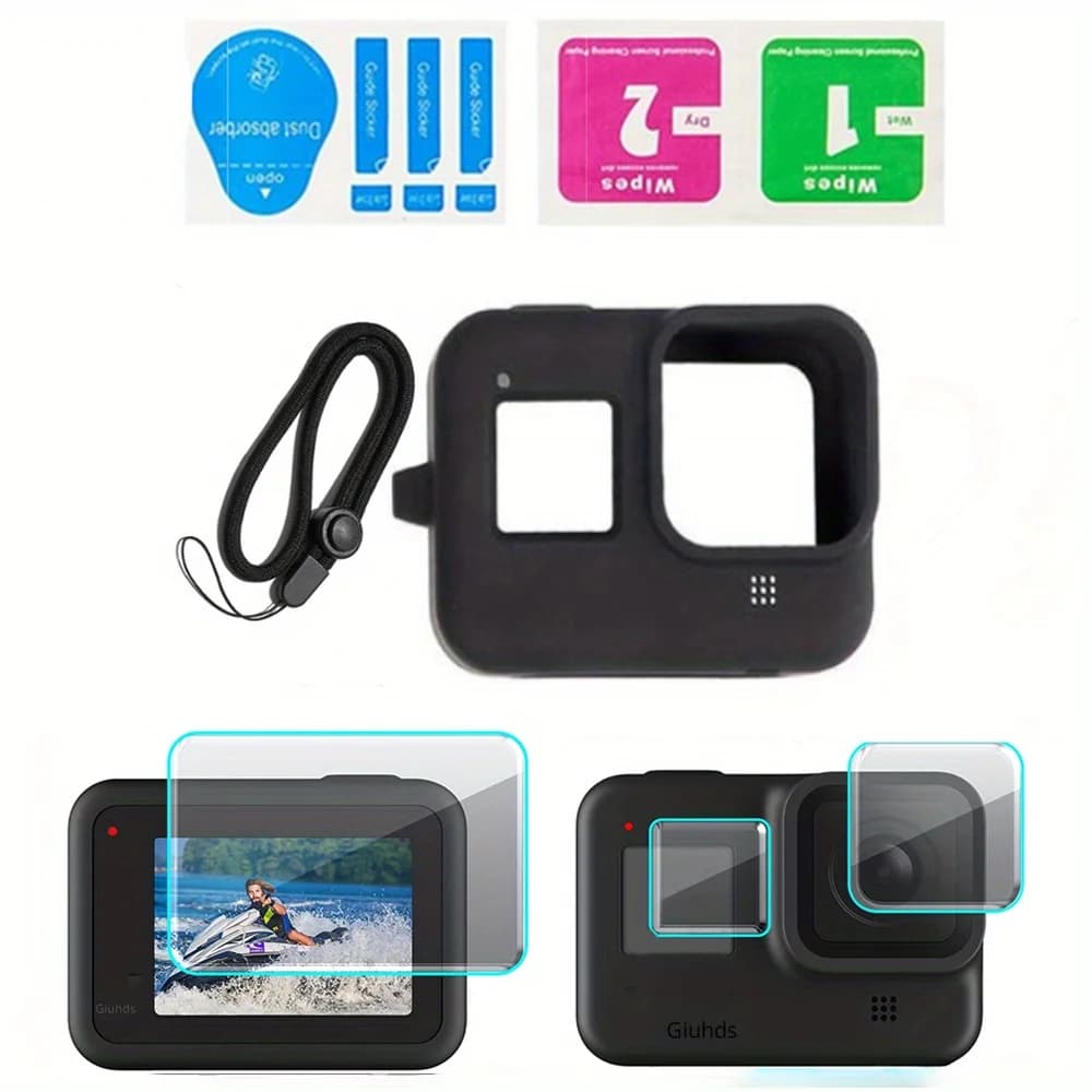 Silicone Protective Case for GoPro Hero 8 protective film for tempered glass screen black lens cap cover for Go Pro 8 accessory