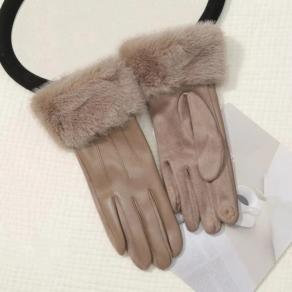 Thermal Lined Women's Leather Gloves Thicken Thermal Insulated Female Touchscreen Gloves Full Finger Solid Color