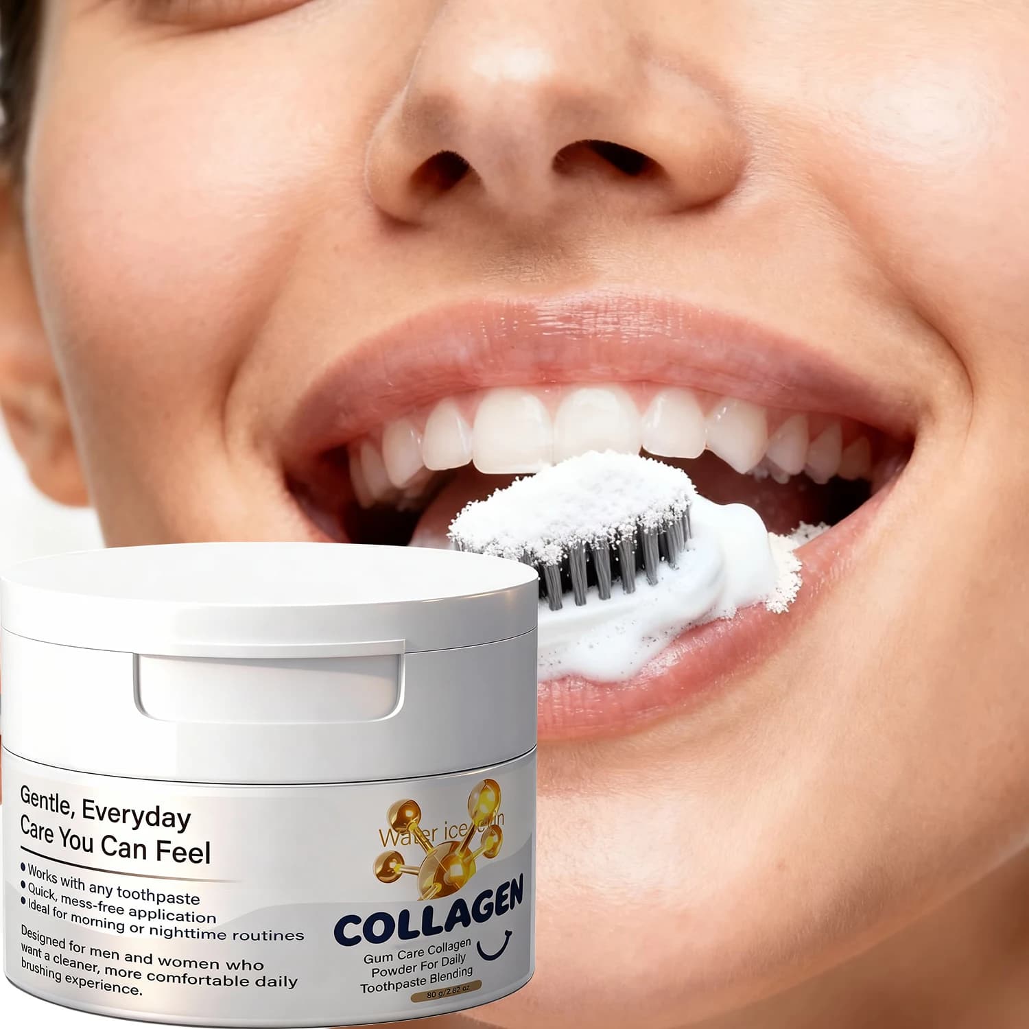 Collagen Powder for Tooth Whitening, Care of Oral Genuines and Hygiene with Hyaluronic Acid and Vitamin C, Hydrating and Detergent, 80g, Daily Essential