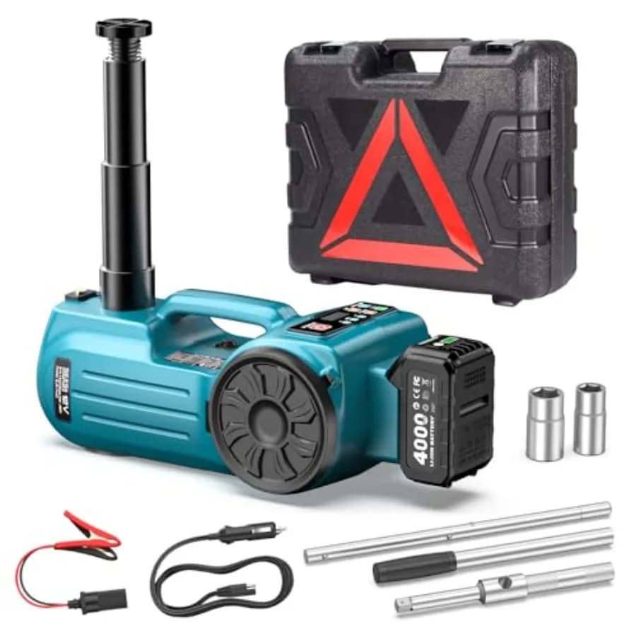 Martinetto Elettrico Senza Fili per Auto: Sollevatore Idraulico da 5 Tonnellate con Batteria da 21V, Gonfiatore Pneumatici Integrato e Chiave Universale, Portatile per Emergenze