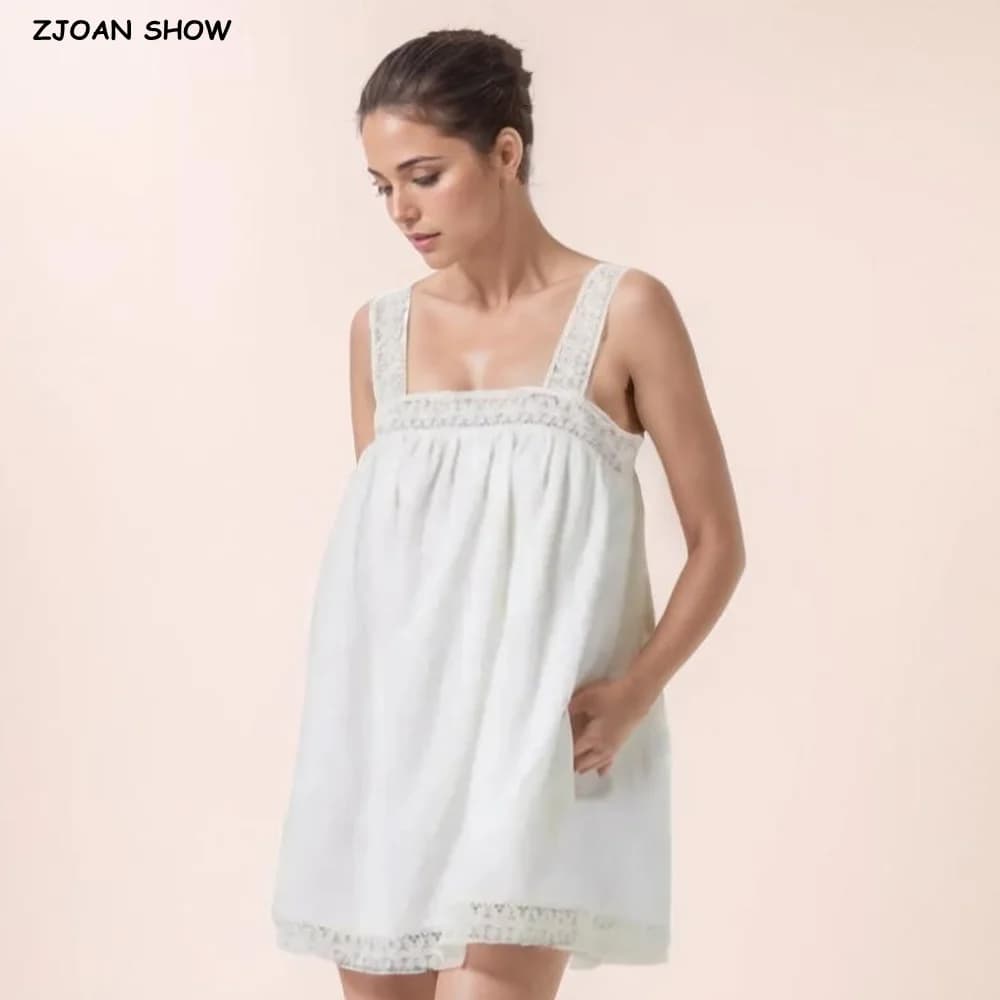 Holiday White Spliced Lace Slash Collar Strap Short Tank Dress Women Side Pockets Loose Straight Dresses Femme Vestidos Robe