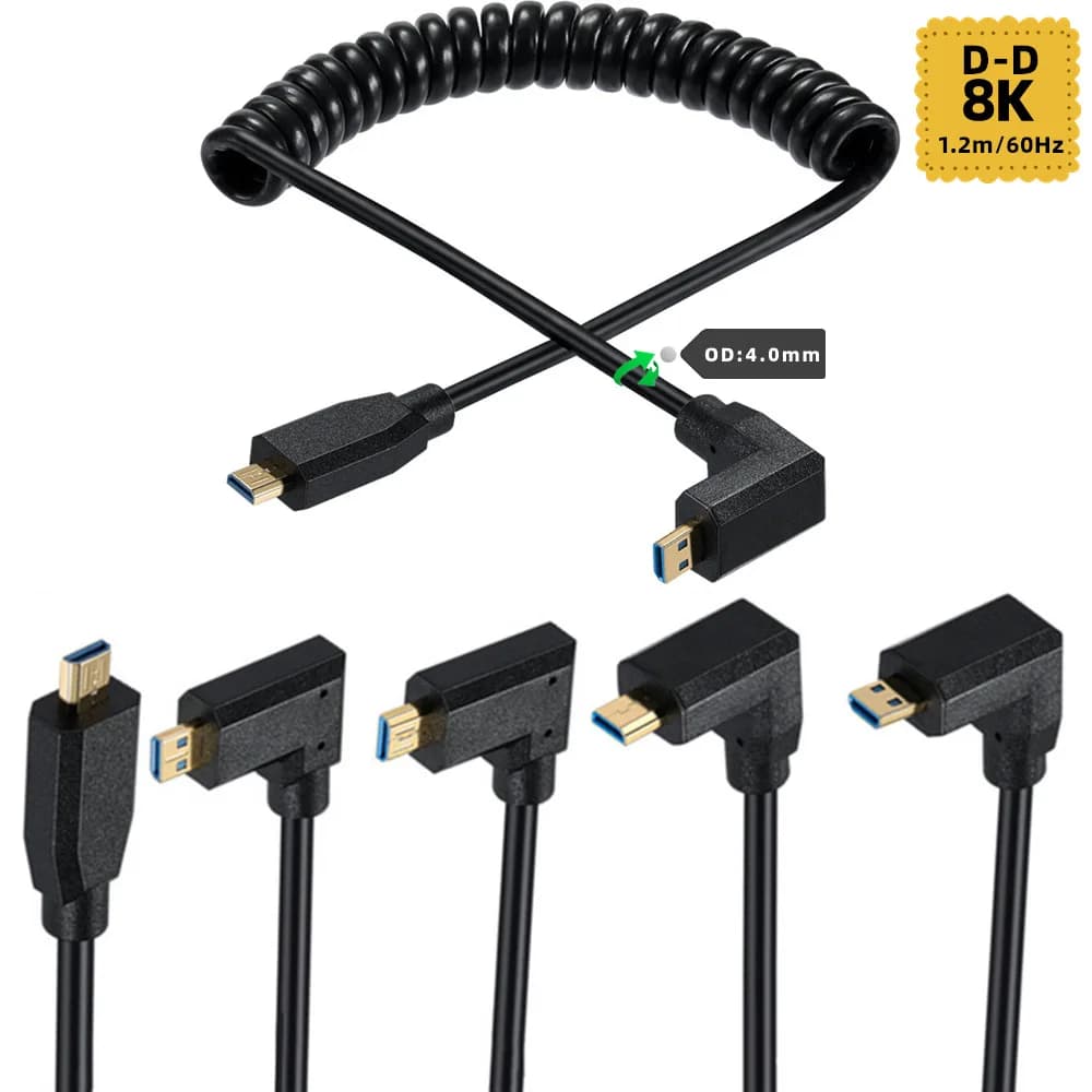 90 Degree Micro HDMI-Compatible Coiled Cable 8K Extreme Thin Up Down Left Right MicroHDMI Male To Male Coiled Cable 48Gbps