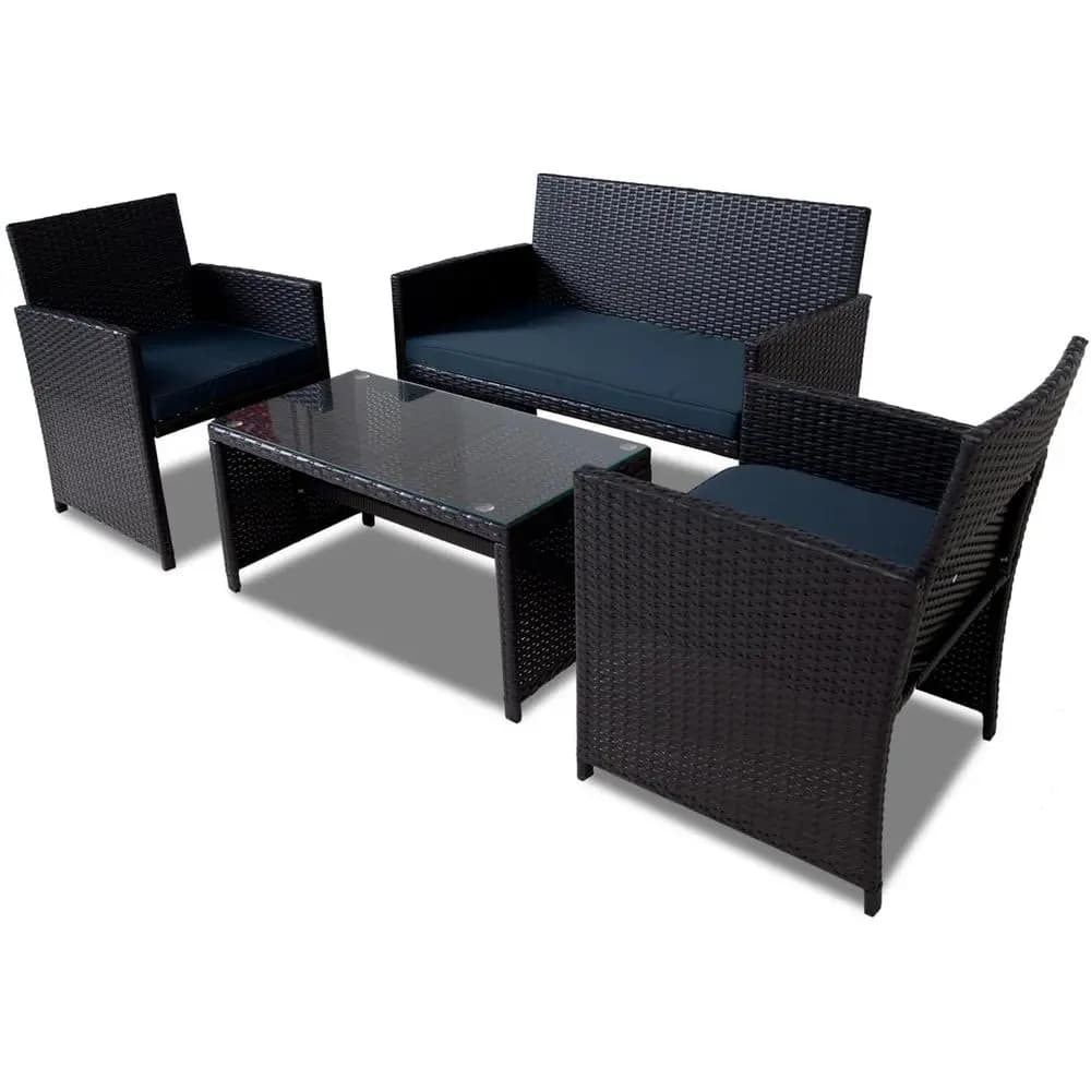 Set di mobili da giardino per esterni in 4 pezzi con cuscini, sedie in vimini di rattan PE, ideali per giardino, portico, bordo piscina e cortile (Bla