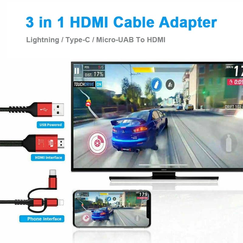 Cavo compatibile HDMI 3 in 1 Full HD 1080P da 6,6 piedi Cavo Lightning da tipo C a MHL Adattatore micro USB da telefono per monitor proiettore TV
