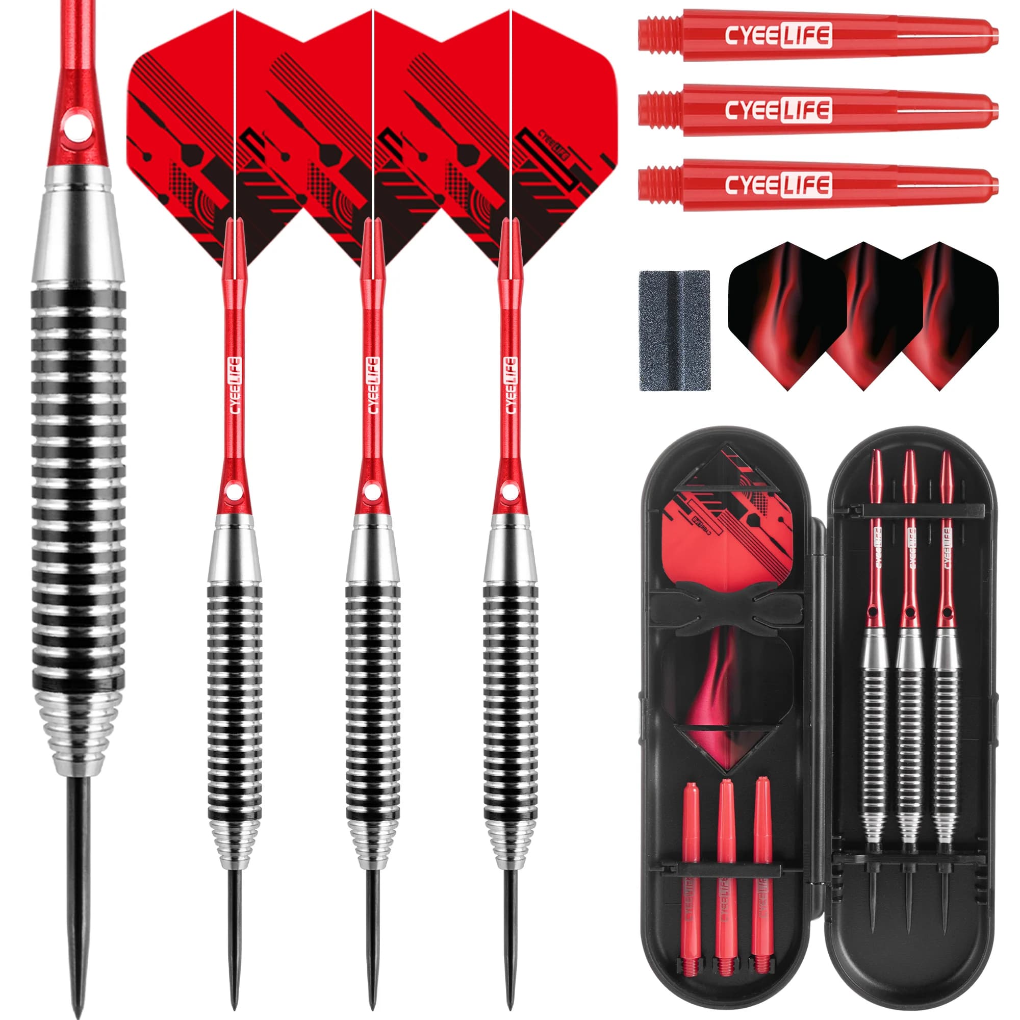 CyeeLife 25G 3 pezzi Set di freccette con punta in acciaio Volo standard in PET, freccette in acciaio inossidabile Alberi in alluminio Punta in acciaio con scatola di immagazzinaggio