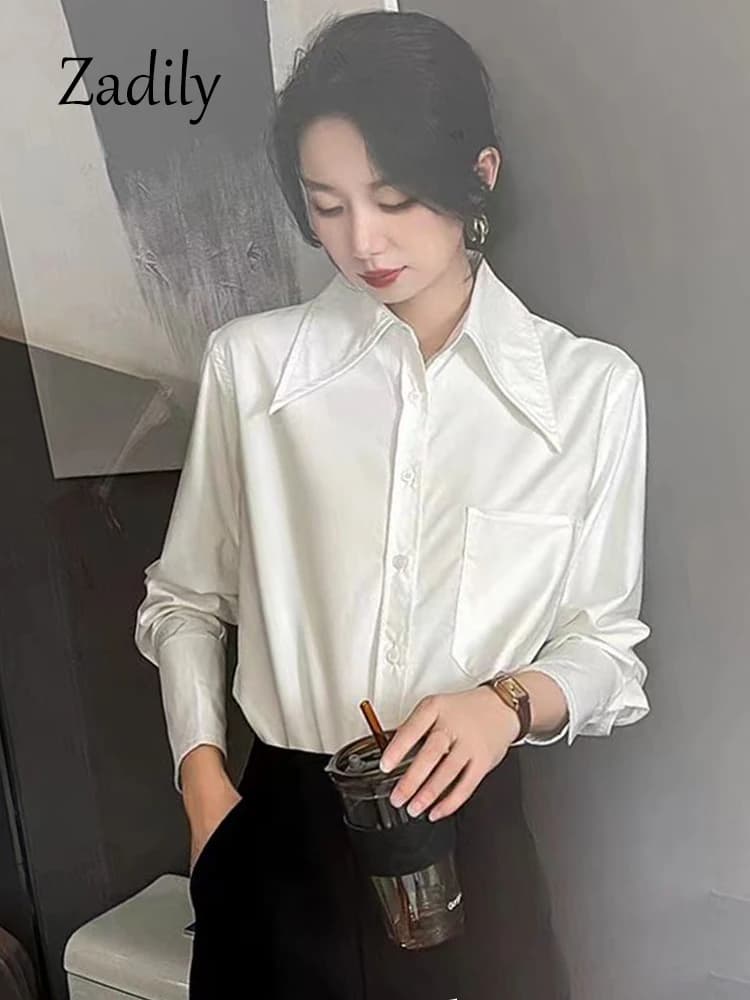 Zadily 2025 Primavera Office Lady Manica lunga Donna Camicia bianca basic Stile coreano Colletto ampio Button Up Camicetta da lavoro femminile Top