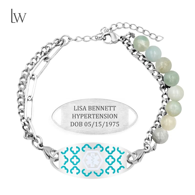 Braccialetti Medici Personalizzati con Perline in Pietra Naturale, Braccialetto ID Medico Personalizzato, Braccialetto di Emergenza Stratificato