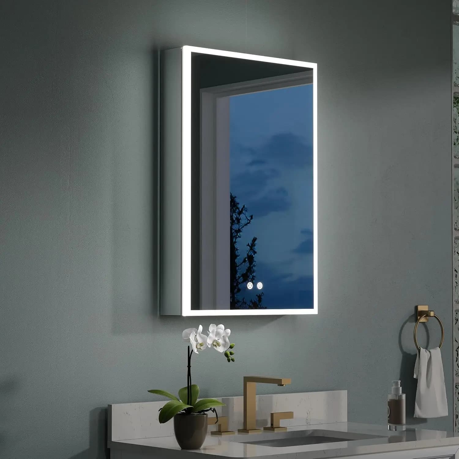 Specchio LED per Armadietto Medicinali 20"x30" con Ingrandimento 3X, Antiappannamento, Dimmerabile, Prese USB, Porta Destra, Personalizzabile